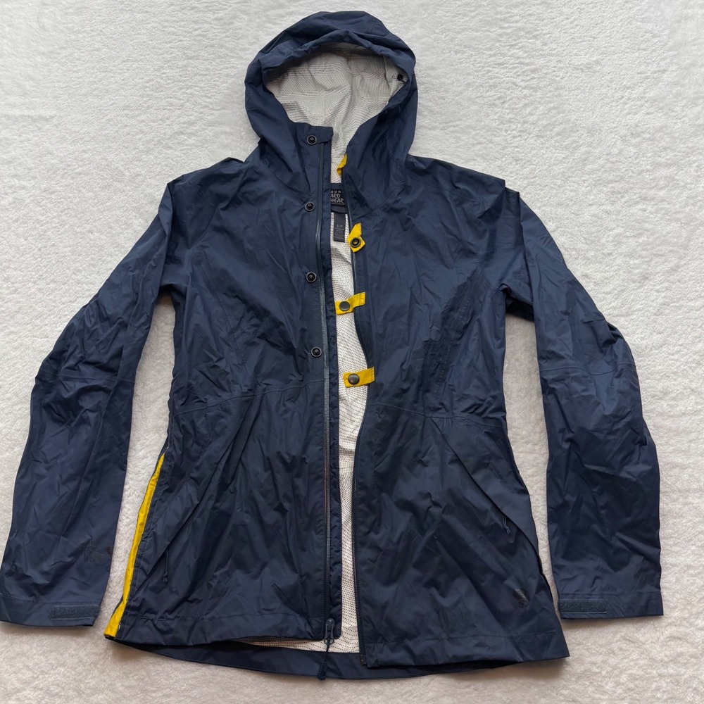 Mountain Hardwear Women Navy Blue Yellow Hooded Rain Jacket OL7394 Small